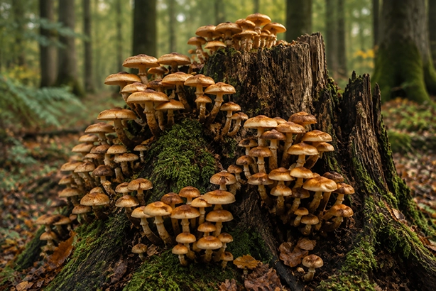 Honingzwammen groeien op een oude boomstronk in een bosrijke omgeving