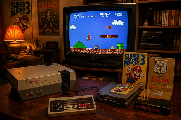 Klassieke Nintendo console met controller, spelcartridges en een CRT-televisie met een Mario-spelbeeld