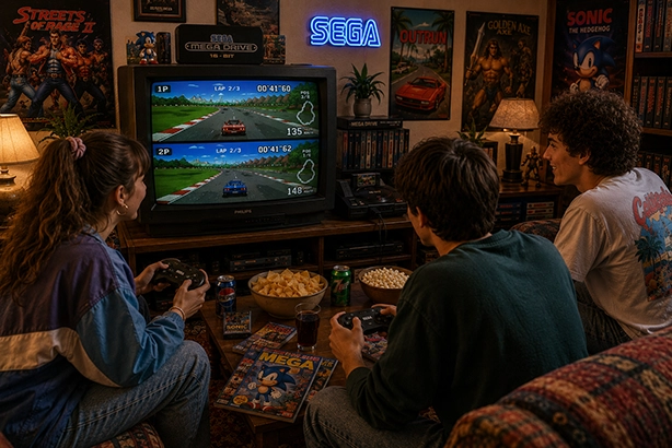 Vrienden spelen samen een retro racegame op een CRT-televisie met Sega Mega Drive-controllers