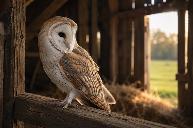Kerkuil op een houten balk in een oude schuur bij het Nederlandse landschap