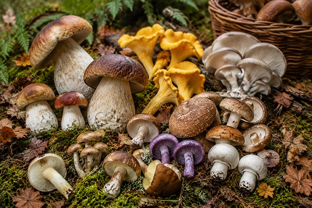 Verschillende eetbare paddenstoelen op een mossige bosbodem tussen bladeren en natuurlijk materiaal
