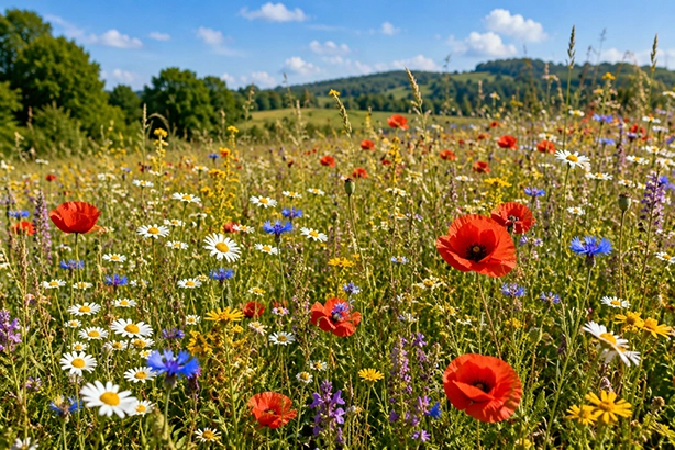 Zomerse bloemenweide met rode klaprozen, witte margrieten en blauwe korenbloemen in het landschap