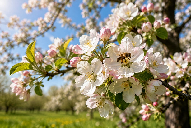 Bij verzamelt nectar en stuifmeel op een bloesem in het voorjaar