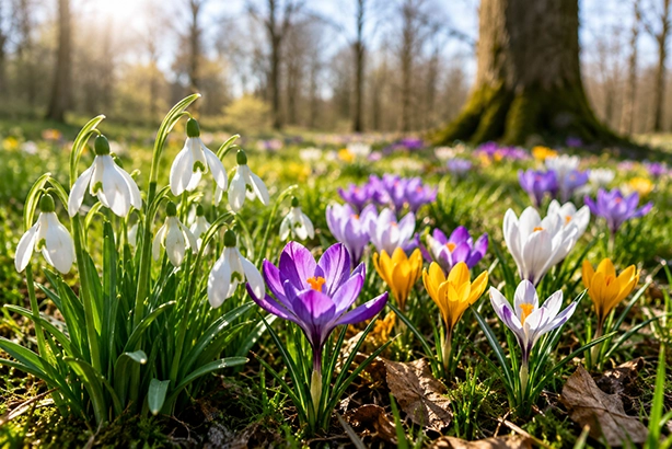 Voorjaarsbloemen met sneeuwklokjes en paarse en gele krokussen in een zonnig boslandschap