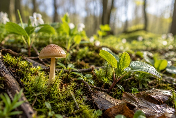 Kleine paddenstoel tussen fris lentegroen, mos en jonge planten op de bosbodem