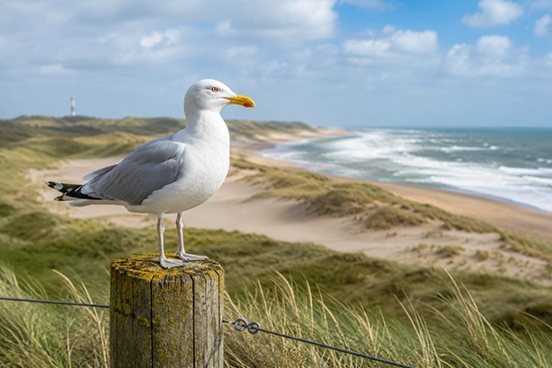 Meeuw op een houten paal boven de duinen aan de Nederlandse kust