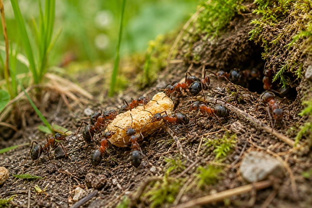 Mieren werken samen om voedsel naar hun nest te brengen