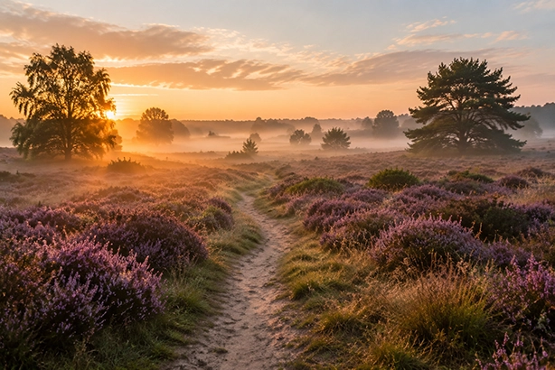Heidelandschap met paarse heide en een wandelpad in de ochtendmist bij zonsopkomst