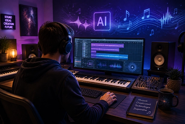 Muzikant werkt met kunstmatige intelligentie aan een creatieve muziekproductie
