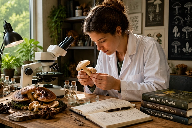 Onderzoeker bestudeert een paddenstoel in een laboratorium om natuurlijke eigenschappen van schimmels te onderzoeken