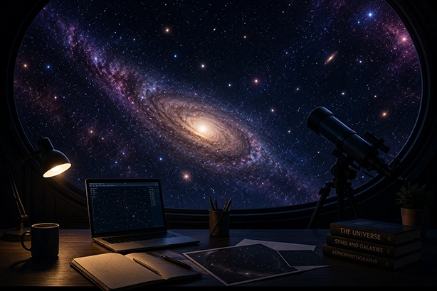 Astronomische werkplek met telescoop en sterrenstelsel zichtbaar door een groot observatievenster.