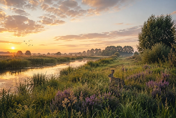 Haas in een Nederlands landschap langs een rustige sloot bij warm ochtendlicht