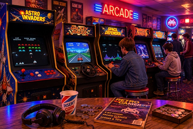 Nostalgische jaren-80 arcadehal met klassieke arcadekasten, CRT-schermen en kleurrijke verlichting