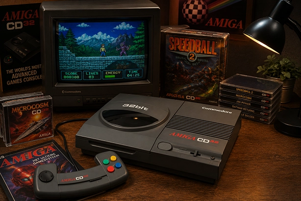 Commodore Amiga CD32 met controller en klassieke CD32-games op een nostalgische retro gamewerkplek met CRT-monitor