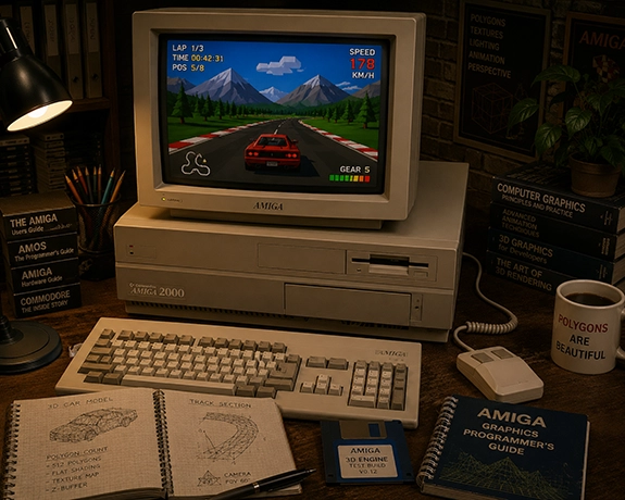 Commodore Amiga 2000 op een retro-werkplek met CRT-monitor waarop een 3D-racegame wordt weergegeven, omringd door grafische schetsen en computerboeken