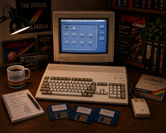 Commodore Amiga 500 met CRT-monitor waarop Workbench 1.3 zichtbaar is, omringd door diskettes, boeken en retro-accessoires op een sfeervolle werkplek