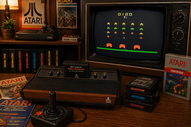 Atari 2600 met cartridge en joystick naast een klassieke CRT-televisie met een retro videogame.