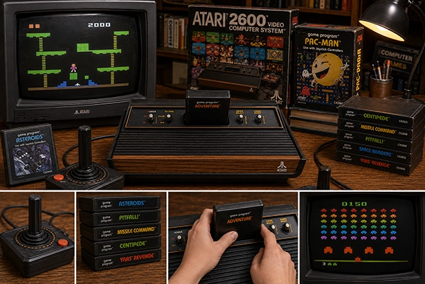 Atari 2600 met klassieke joystick en gamecartridges op een nostalgische retro-werkplek met CRT-televisie
