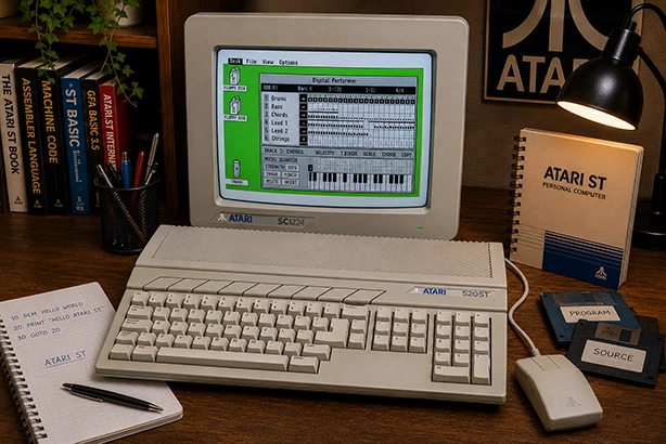 Atari 520ST met CRT-monitor waarop muzieksoftware draait, omringd door diskettes, boeken en een Atari-muis op een nostalgische retrocomputerwerkplek