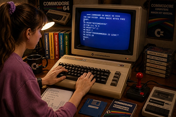 Jonge vrouw programmeert op een Commodore 64 met BASIC-code op een CRT-monitor, omringd door retrocomputerspullen