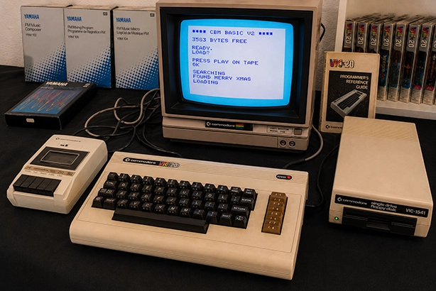 Commodore VIC-20 met CRT-monitor waarop CBM BASIC en een laadscherm zichtbaar zijn, naast een Datasette, VIC-1541 floppy drive en documentatie uit de jaren 80