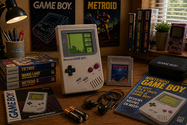 Nintendo Game Boy met Tetris-cartridge op een retro gamebureau met accessoires en tijdschriften uit de jaren 90