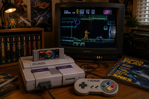 Super Nintendo met cartridge en controller voor een CRT-televisie waarop een retrogame wordt gespeeld.
