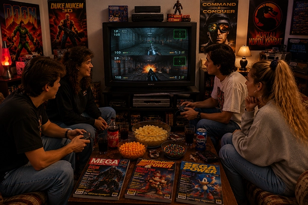 Vrienden tijdens een retro game-avond in de jaren 90 met een CRT-televisie waarop een split-screen shooter wordt gespeeld