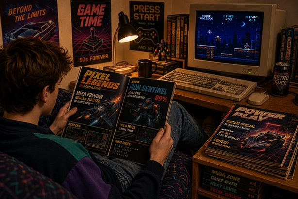 Gamingtijdschrift met tips, trucs en cheatcodes naast een klassieke computer uit de jaren 90