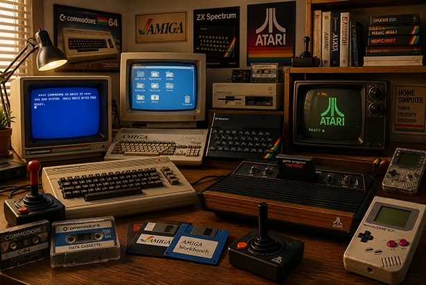 Klassieke computers en consoles met Commodore 64, Amiga, ZX Spectrum, Atari en Game Boy in een retro computeromgeving