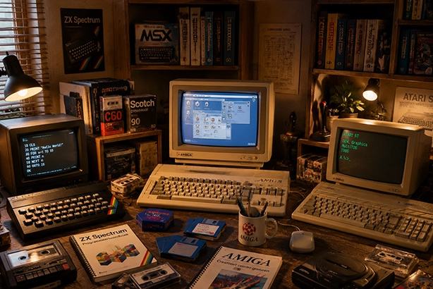 Klassieke computers uit de retroperiode met ZX Spectrum, Amiga, Atari ST, CRT-monitoren en oude accessoires