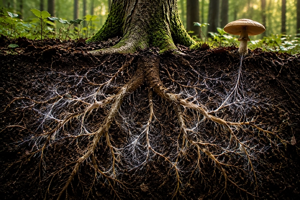 Boomwortels en een netwerk van mycelium onder de bosbodem met een paddenstoel boven de grond