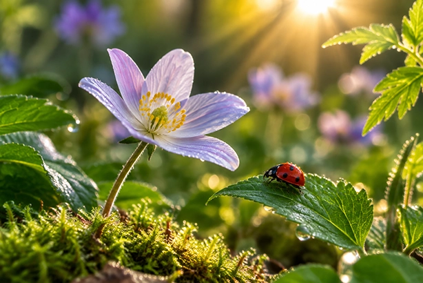 Plant bedekt met dauwdruppels in het zachte zonlicht