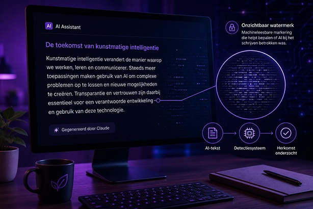 AI-tekst op een computerscherm met een onzichtbaar, machineleesbaar watermerk van Claude