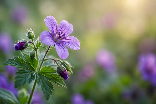 Paarse wilde bloem met groene bladeren en bloemknoppen in zacht natuurlijk licht