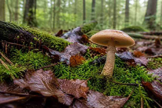 Paddenstoel in een bemost herfstbos