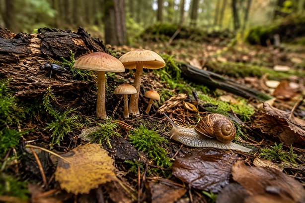 Slak en kever tussen paddenstoelen op de bosbodem in een natuurlijk bos