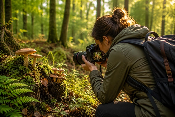 Natuurfotograaf maakt een foto van paddenstoelen in een bosrijke omgeving