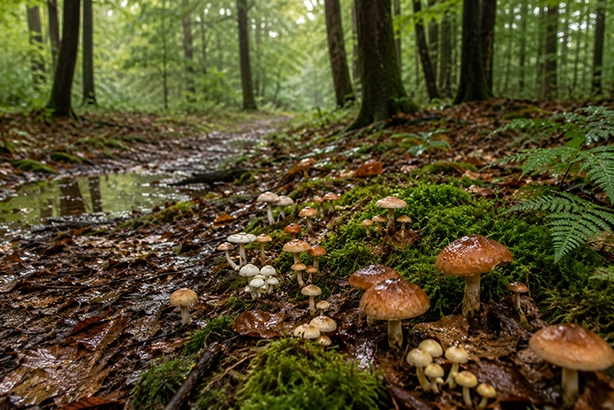 Veel paddenstoelen verschijnen op een natte bosbodem na een regenachtige periode