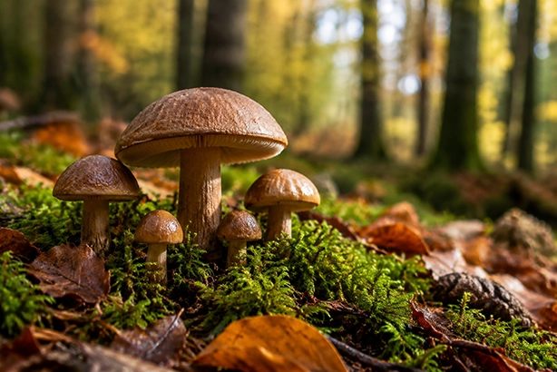 Paddenstoelen tussen mos in een herfstig bos