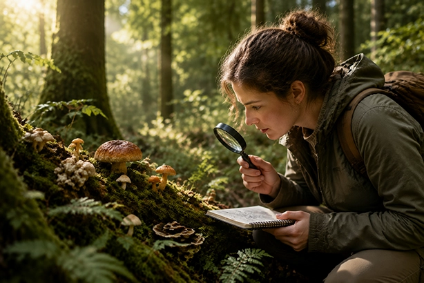 Natuurliefhebber onderzoekt paddenstoelen in een bosrijke omgeving tijdens een ontdekkingstocht door de natuur