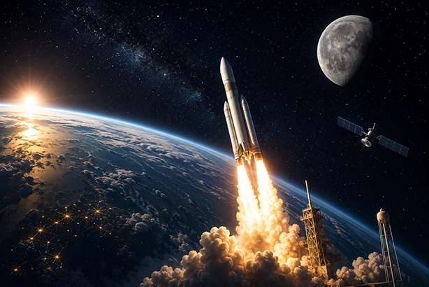 Raket die vanaf de aarde richting de ruimte vliegt met de maan en een satelliet op de achtergrond