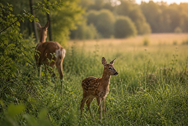 Ree met jong reekalf aan de bosrand in warm ochtendlicht