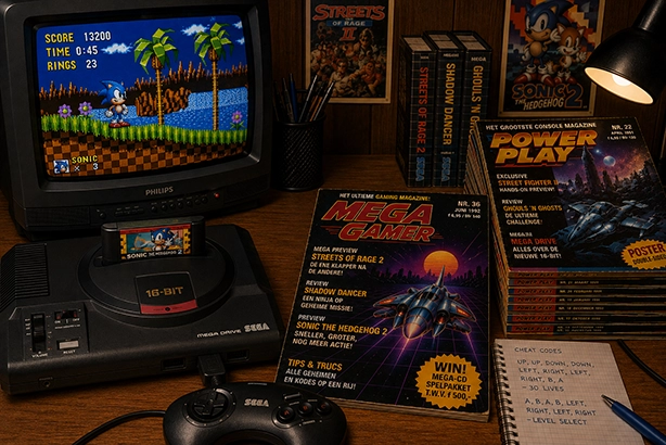 Sega Mega Drive met cartridge en bedrade controller naast een CRT-televisie met een retro game, omringd door gamingtijdschriften
