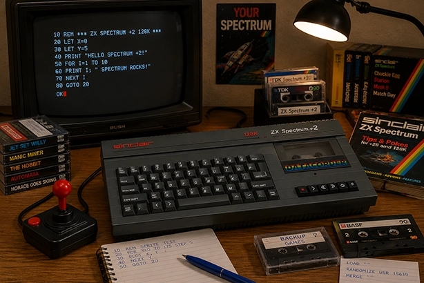 Sinclair ZX Spectrum +2 128K met ingebouwde Datacorder op een nostalgische retro-werkplek met CRT-monitor, cassettebandjes, joystick en computertijdschriften