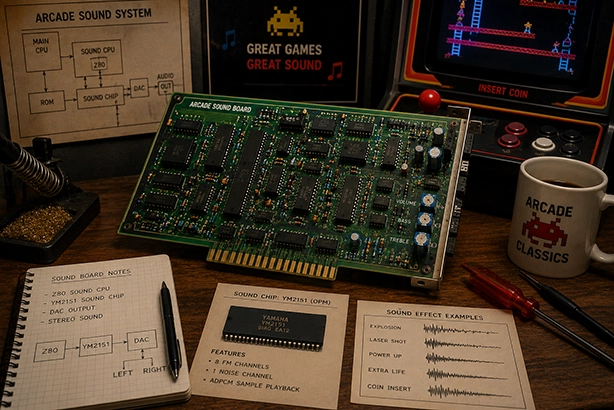 Klassieke arcade-geluidsprintplaat met elektronische componenten, geluidschips en aansluitingen naast een arcadekast