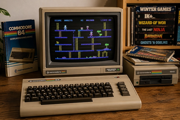 Commodore 64 en retro computer met klassieke game op een CRT-monitor