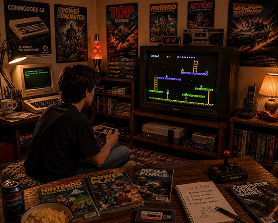 Jongere speelt retro games in een jaren 80 woonkamer met CRT-televisie, klassieke computer en gameaccessoires