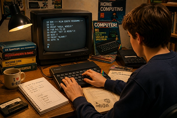 Jongere programmeert op een ZX Spectrum met BASIC-code op een klassieke CRT-monitor