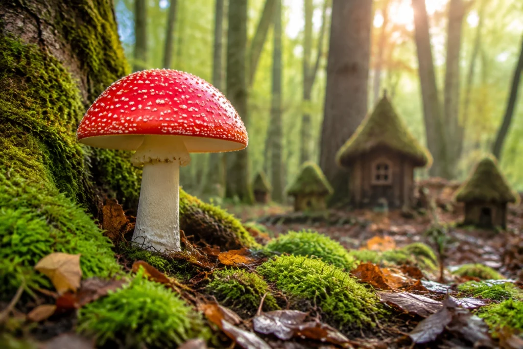Rode vliegenzwam in een sfeervol bos met mos en natuurlijke omgeving
